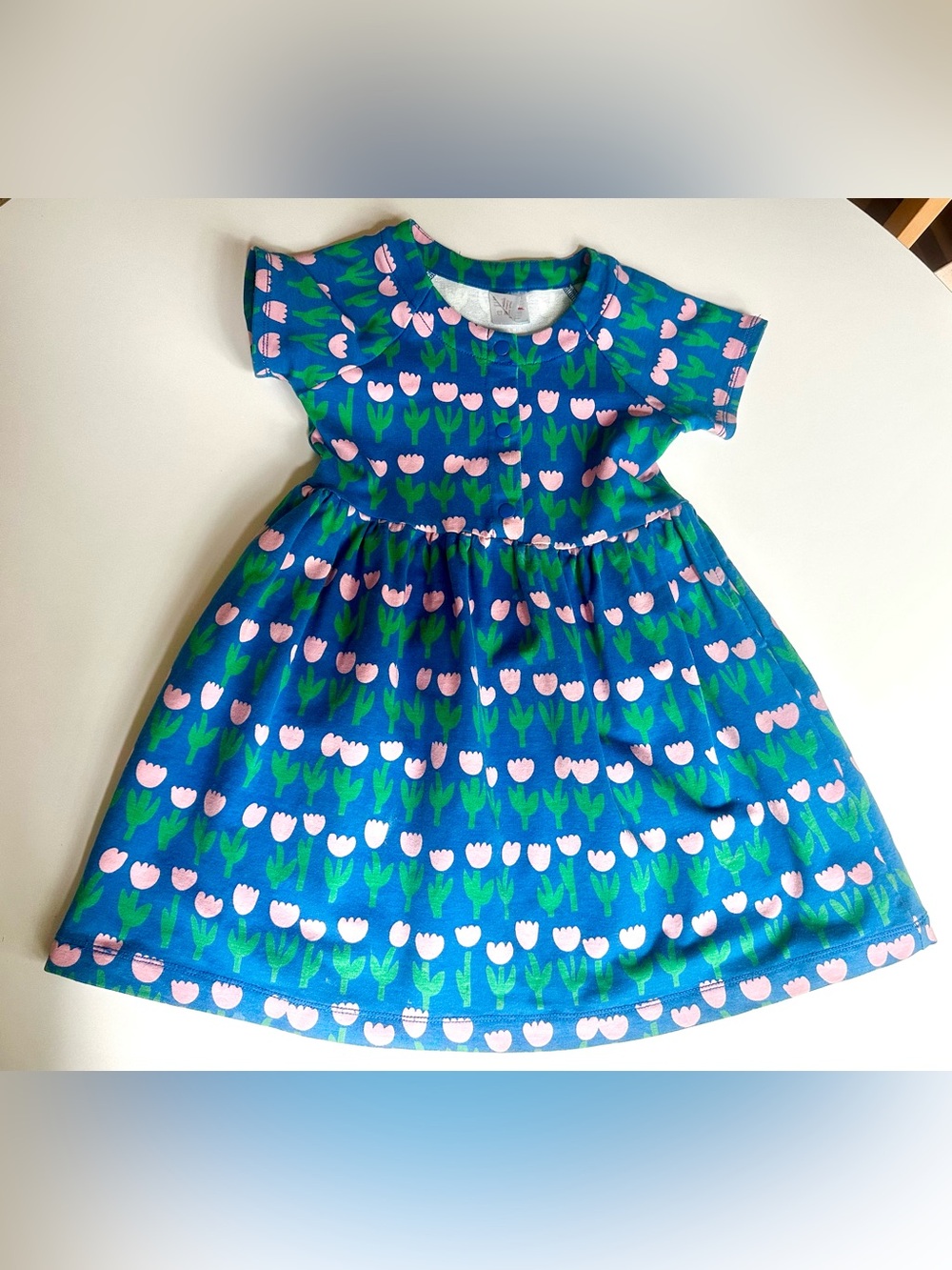 Hanna Andersson  Tulip Print Snap Dress Sz 5 110 cm organic cotton French Terry